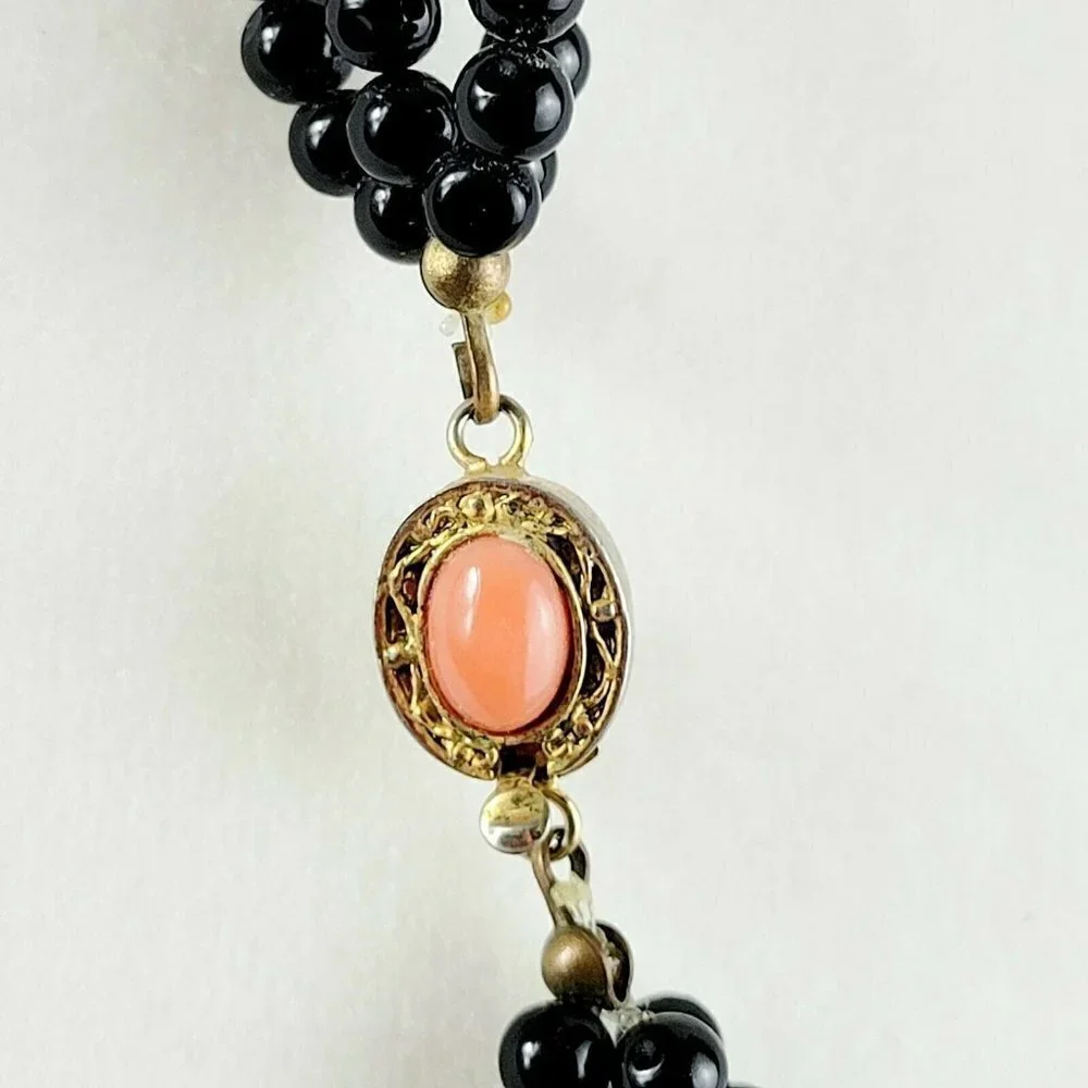 Vintage Black Agate & Angelskin Coral Multi-strand Necklace 28